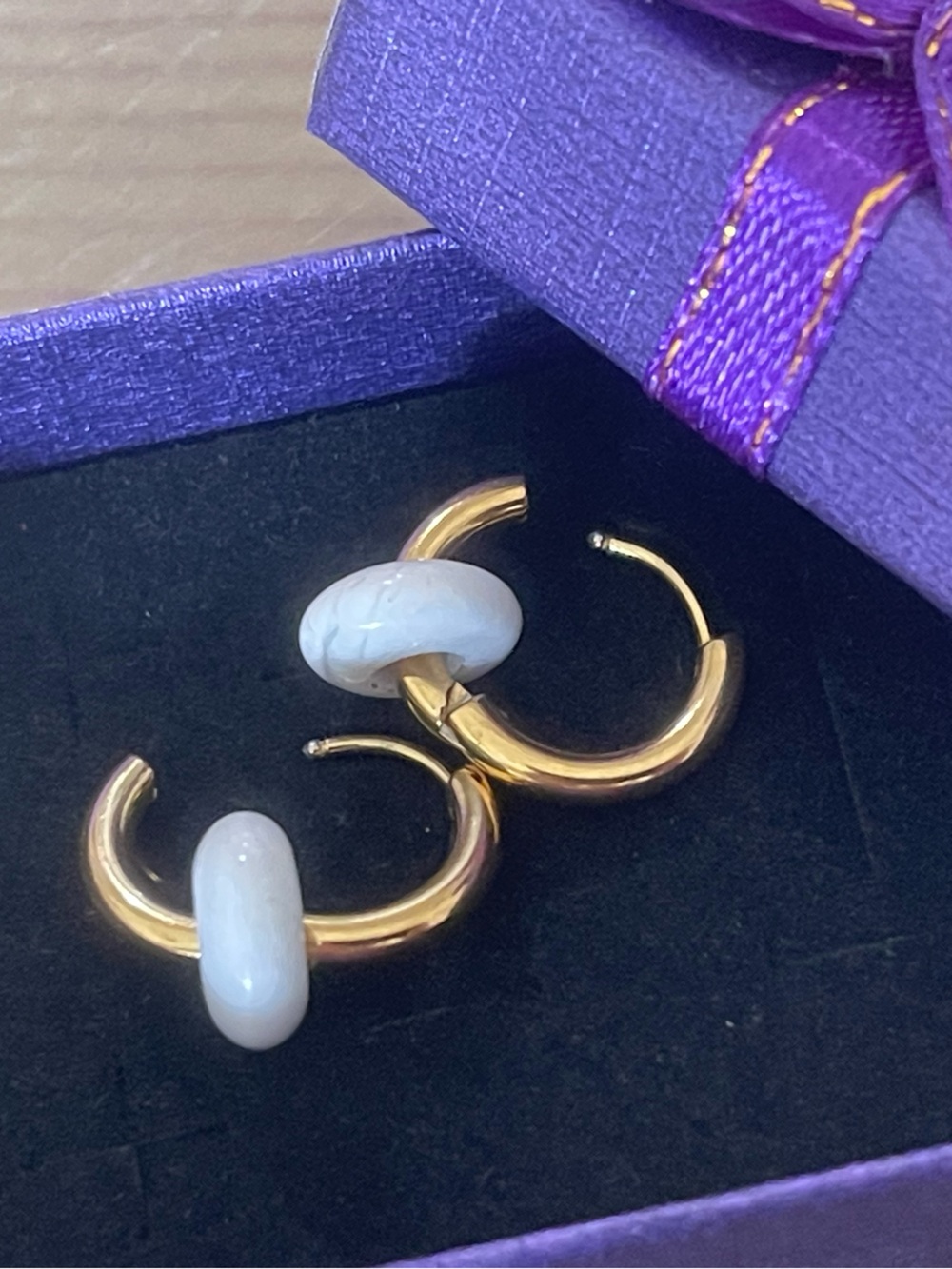 Gold Hoop Earrings with White Stone Rondelle Beads - Women's Jewelry